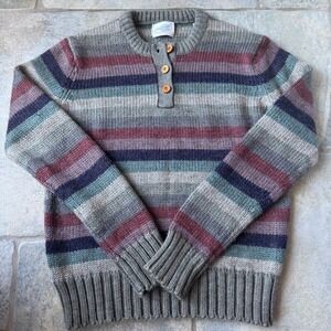 Vintage 80s Northern Isles Wool Blend‎ Henley Sweater Gray Striped Knit Grandpa